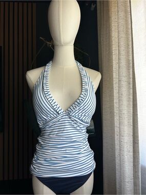Lauren Ralph Lauren White and Blue Striped Halter Tankini Top with Navy Bottoms